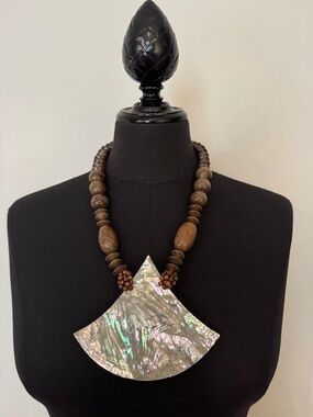 Wooden Statement Necklace with Iridescent Pendant